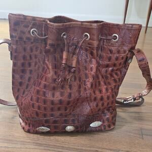 Vintage Crocodile Pattern Leather Women's Bucket Bag With Silver Embellishments